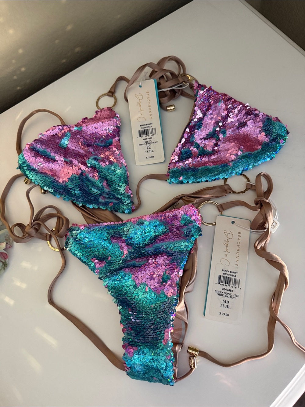 Siren Song Beach Bunny Kids Sequin Bikini Set - Teal & Pink